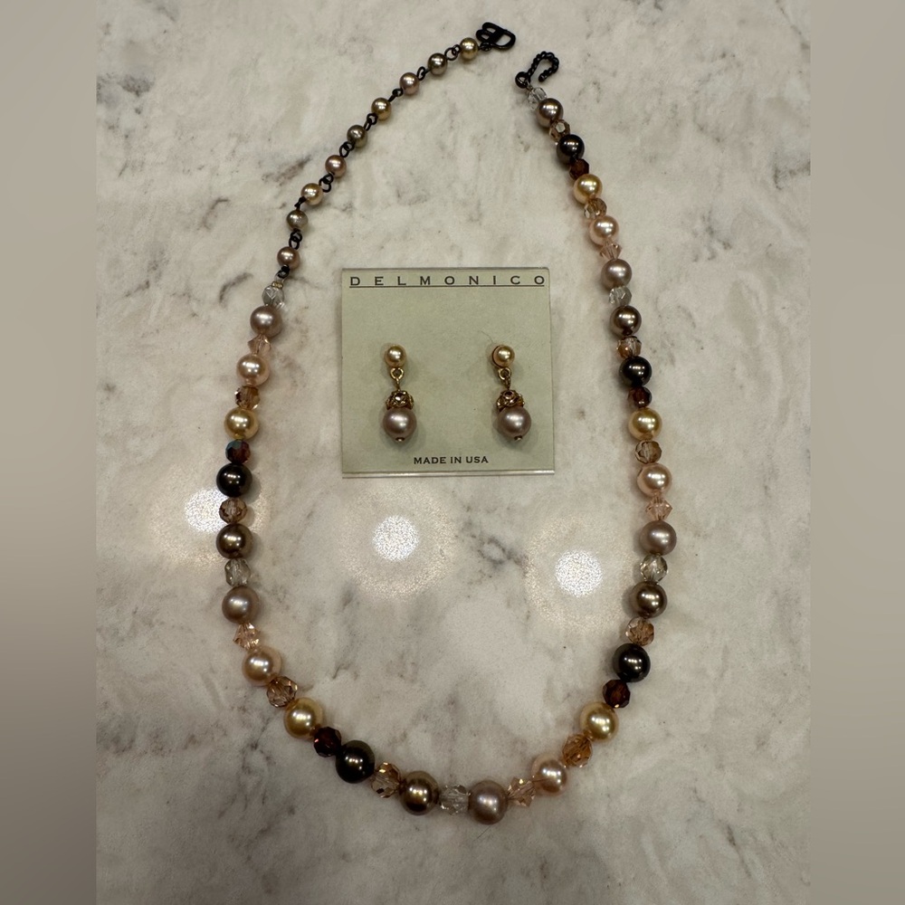 Blair Delmonico champagne/brown tone crystal & pearl necklace & earrings
